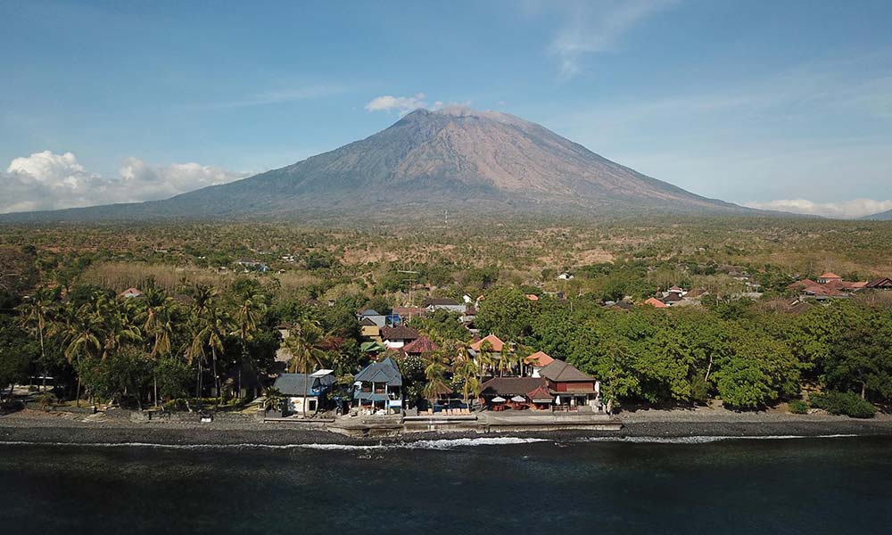 View of Tulamben beach with Mt. Agung in the background