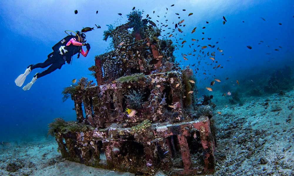 A scuba diver explores an artifical reef at the Amed Pyramids dive site near Tulamben, Bali