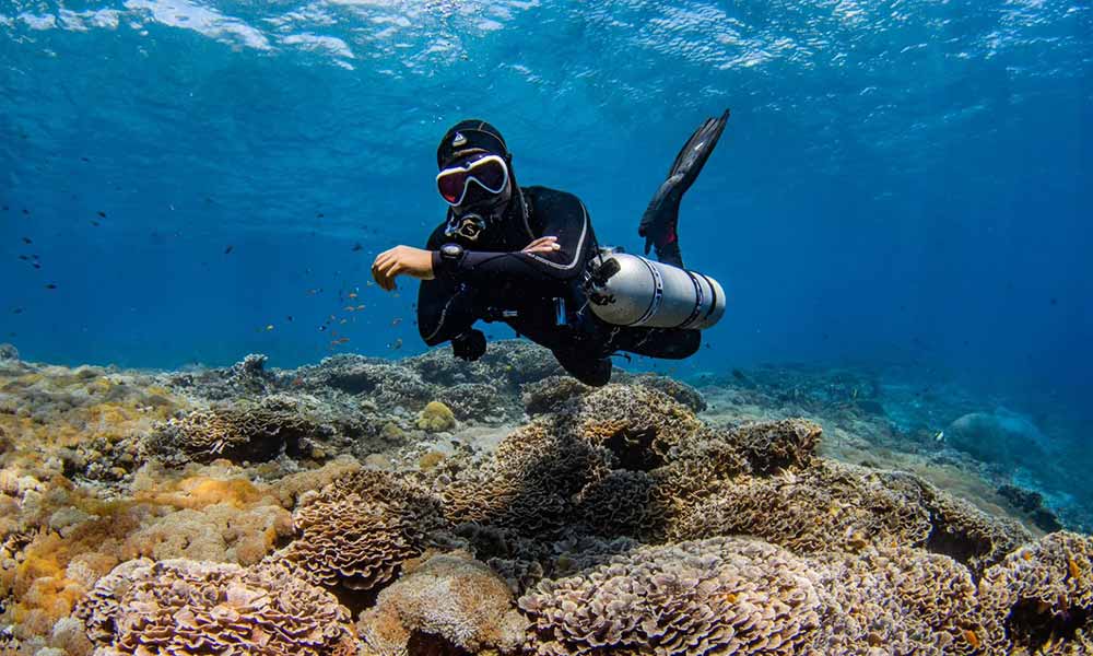 A sidemount scuba divers practices proper buoyancy over a coral reef in Indonesia