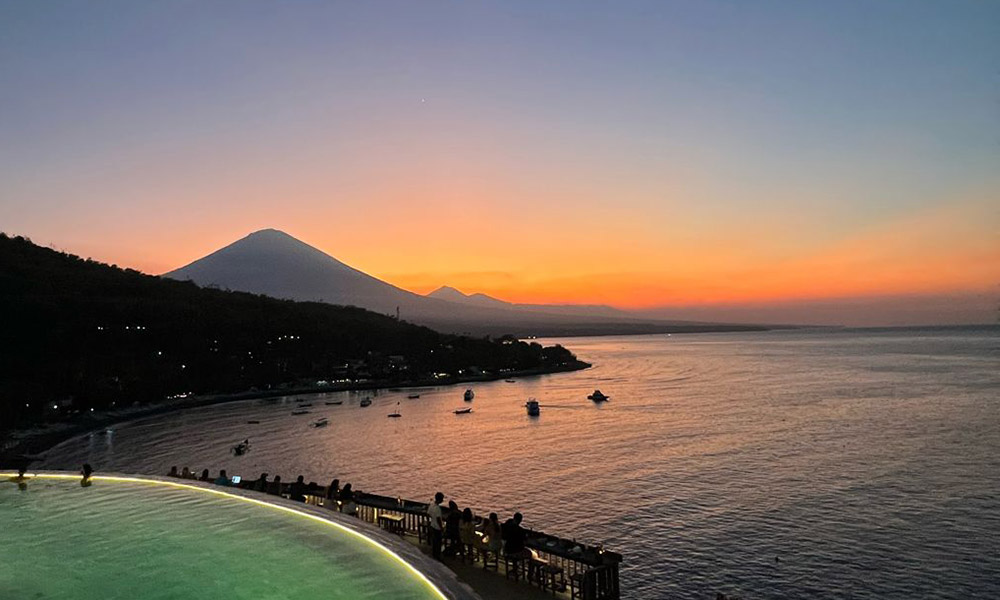 Sunset in Amed, Bali overlooking Jemeluk Bay and Mount Agung